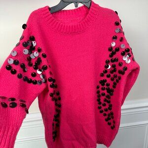 No Brand, Size M-L, Hot pink sweater with sequin details, long-sleeve.